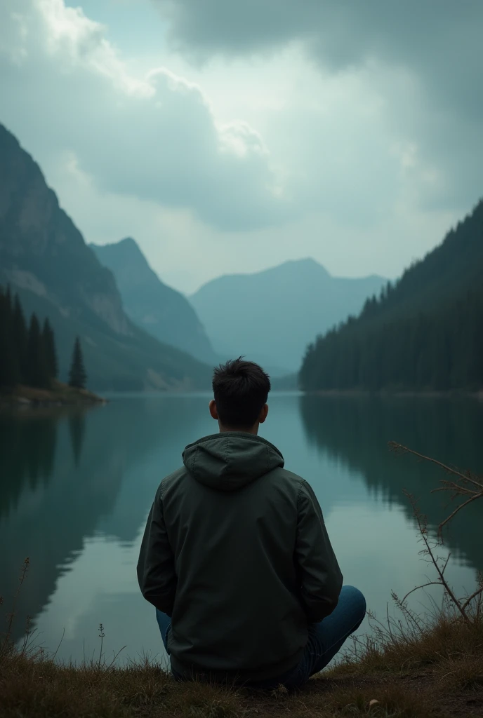 Man's back ,Depression,In the forest,There is a lake in a distant place,heavily clouded,Textured clouds