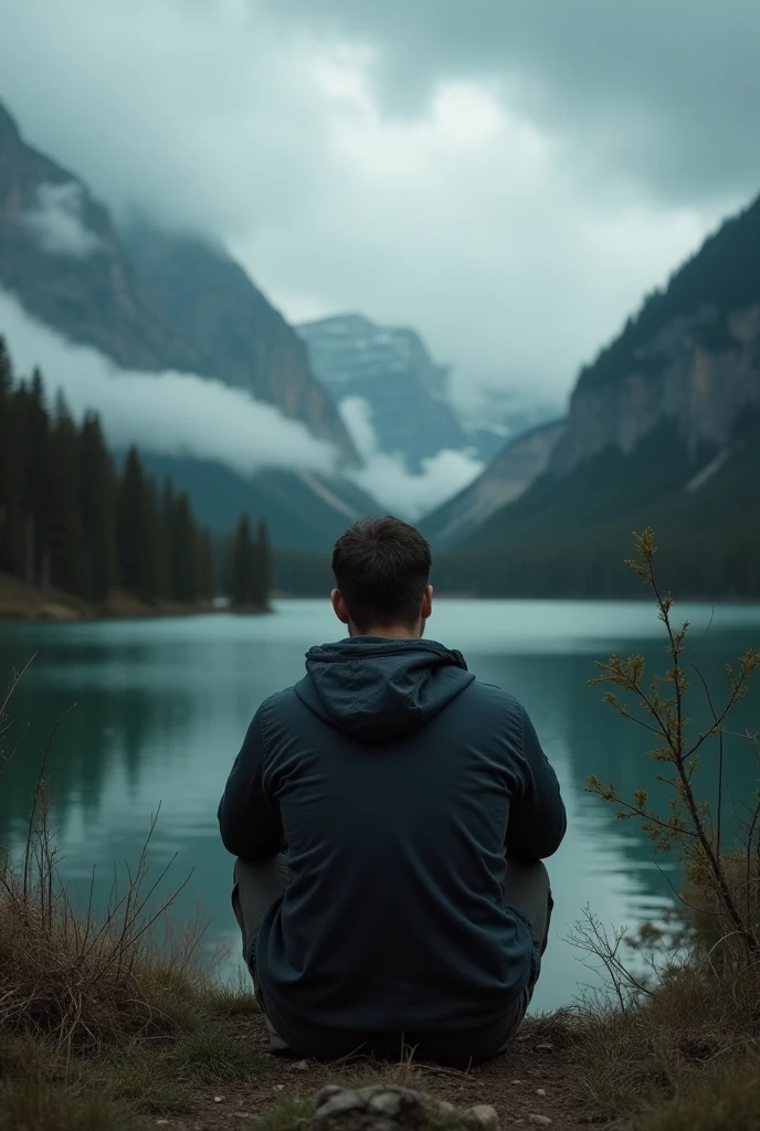 Man's back ,Depression,In the forest,There is a lake in a distant place,heavily clouded,Textured clouds