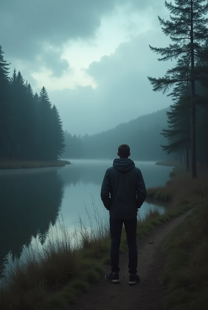 Man's back ,Depression,In the forest,There is a lake in a distant place,heavily clouded,Textured clouds