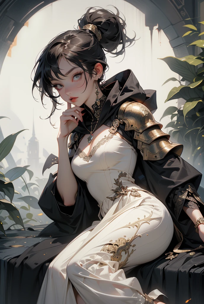 (((masterpiece, of the highest quality, super detailed))), (a witch belonging to an occult order of knights), (a knight crossed with a witch), Victorian era inspired, ((minimal but intricate beautiful armour)), (Fluttering lace flared dress with frilly petticoats), ((Bloodbourne inspired)), (big forhead:1.2), (((dark hair, ponytail, thick ponytail, heavy ponytail))), (((Very sharp focused eyes))), (small breasts), very long eyelashes, occult aesthetic, (red and white clothing detailed and intricate steampunk and detailed gothic), (with a hood), complex lace boots,