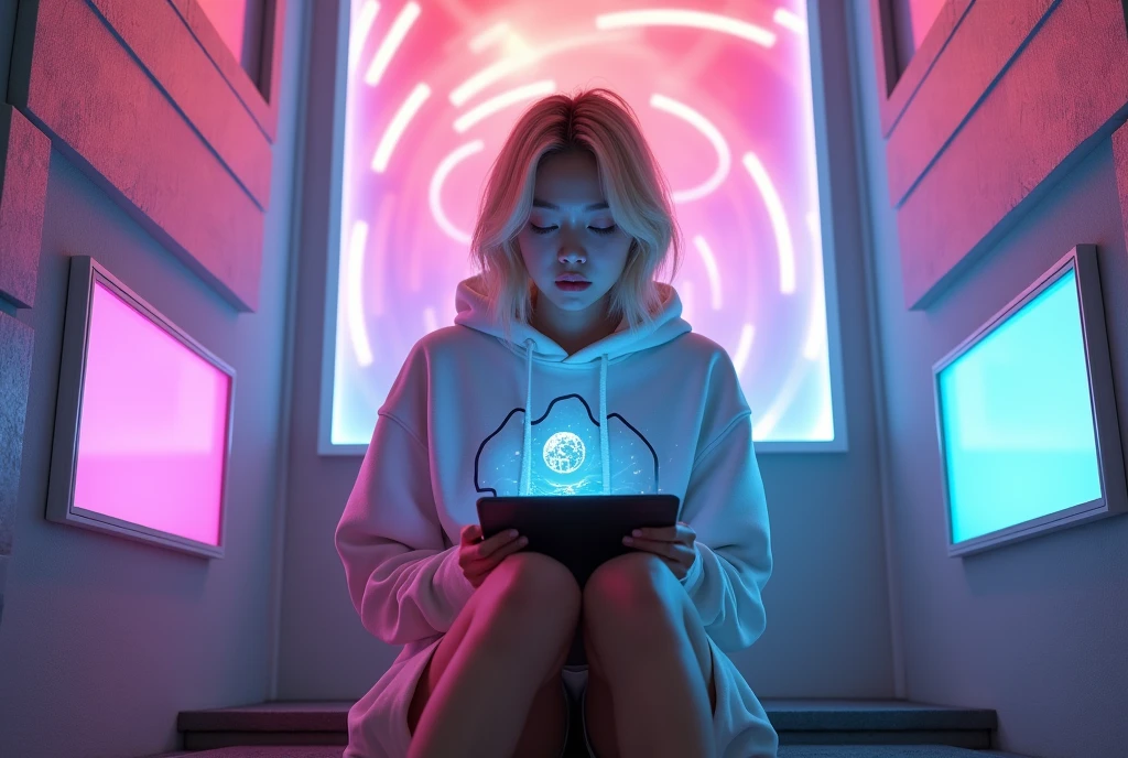 photography looking at viewers, a Korean woman sitting on the stairs, blonde hair, wearing a white hooded hoodie with a black doodle motif, shorts, high white shoes, carrying a tablet that emits a hologram. The background of a red and blue hologram forms a portal to another world with a modern wall design with walls forming rectangular blocks with pink and purple neon lights between the blocks.