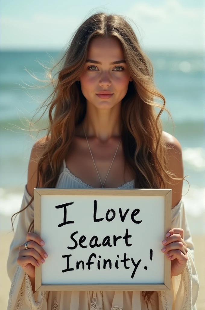 Beautiful girl with wavy long hair, bohemian dress, holding a white board with text "I Love Seaart Infinity" and showing it to the viewer