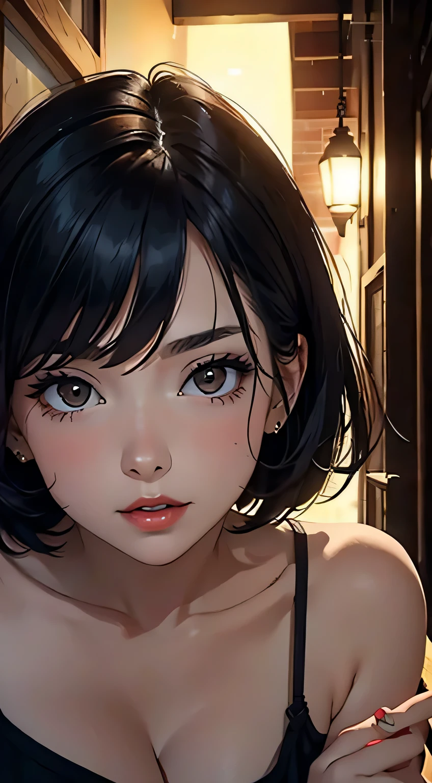 Amazing portrait of a woman who is 30 years old and an adult and a sexy woman with short black hair wearing an oversized off shoulder orange t shirt during night time with soft lighting showcasing her red lips and her beautiful face in detail and close up