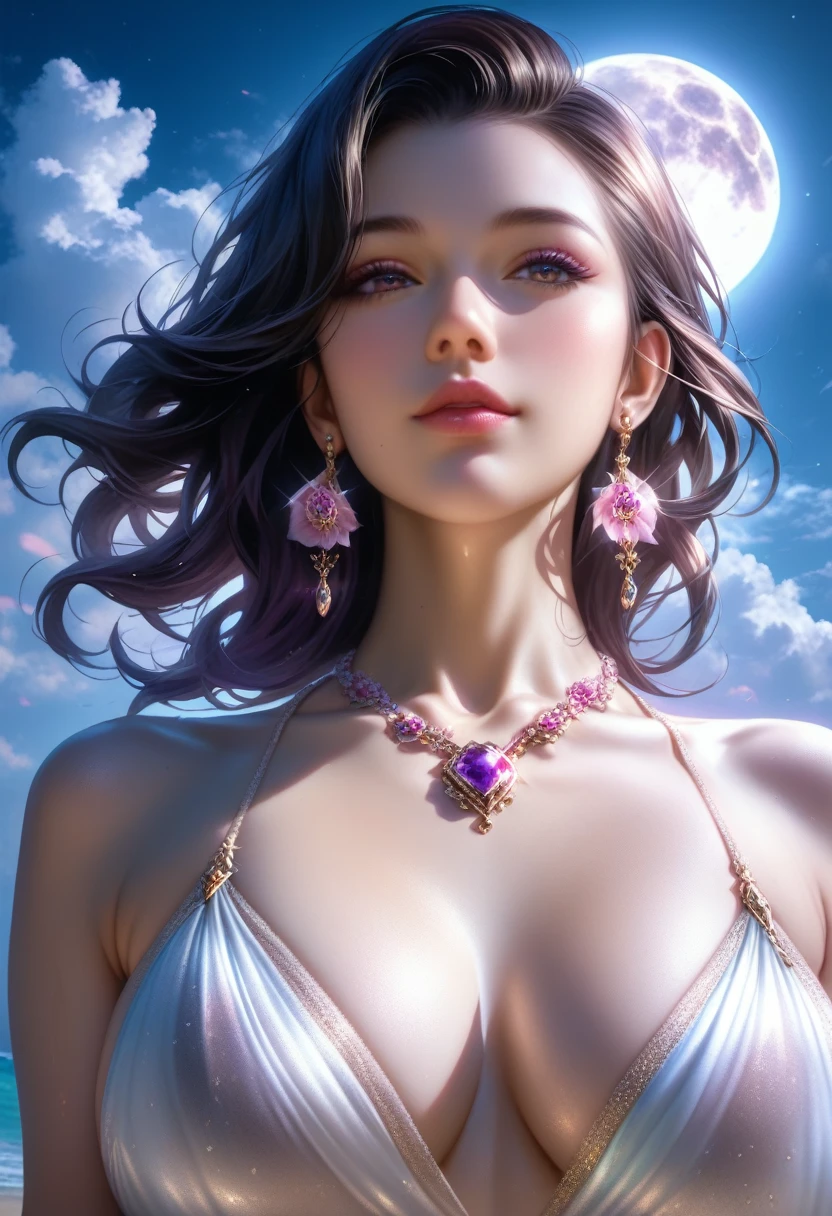 score_9, score_8_superior, score_7_superior, A masterpiece in 32K resolution,Highest quality,it is really amazing,Very detailed,Ultra-high resolution,Ultra-realistic,Realistic,Increased depth of field,Cinematic lighting,
Sexy mature Japan woman,
black straight medium hair,Ultra-detailed and beautiful face,Gentle expression,Translucent white skin,Realistic skin texture,
Elegant swimwear,
Elegant and luxurious design,Colorful color patterns,Beautifully detailed decoration,Detailed fabric texture,
Gorgeous necklace,Earrings,
Coastline at night,delay々A desolate sandy beach that continues,The huge moon illuminates the beach in a fantastic way,Dark clouds floating in the dark night sky,
Cinematic,(Low - Angle:1.2),