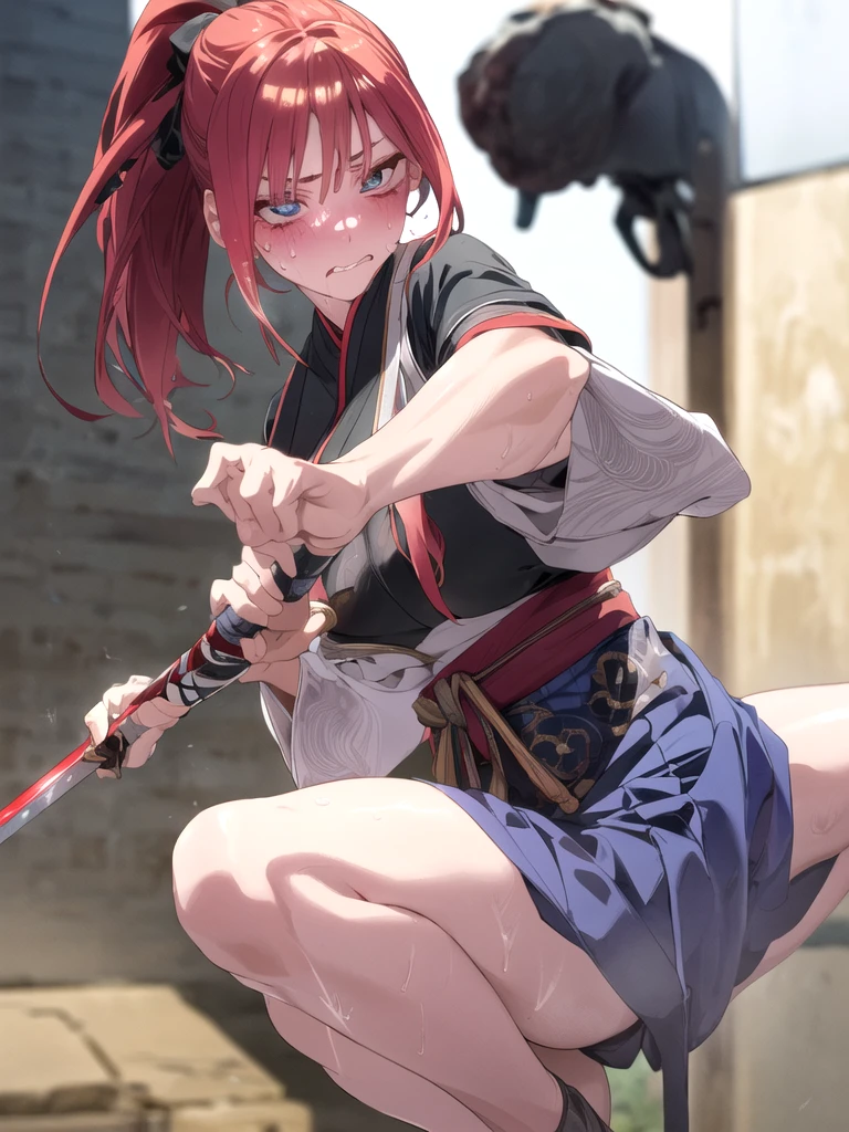Highest quality, 8k, masterpiece: 1.3, One girl, beautiful girl)), cute, dynamism, Detailed face, Detailed skin, Detailed clothing, Detailed eyes, Detailed lips, Detailed fingers, Mouth details, Realistic, RAW Photos, High resolution, Natural light, Dynamic pose, Perfect Anatomy, Toned Legs, double eyelid, Tear bags, , Moisturized lips, Sweaty, Embarrassed expression、blush、Shining Sweat、Perfect Skin,Sweat is noticeable in the cleavage、Gradient color hair、Sweating on thighs is noticeable、 Fair skin,Tight waist, Sweating profusely、Sweaty hair、Sweaty clothes、Sweaty、Visible sweat、Sweat-soaked hair,Random color kunoichi outfit、japanese kunoichi costume、No sleeve、ponytail、The dynamic movement of holding a sword