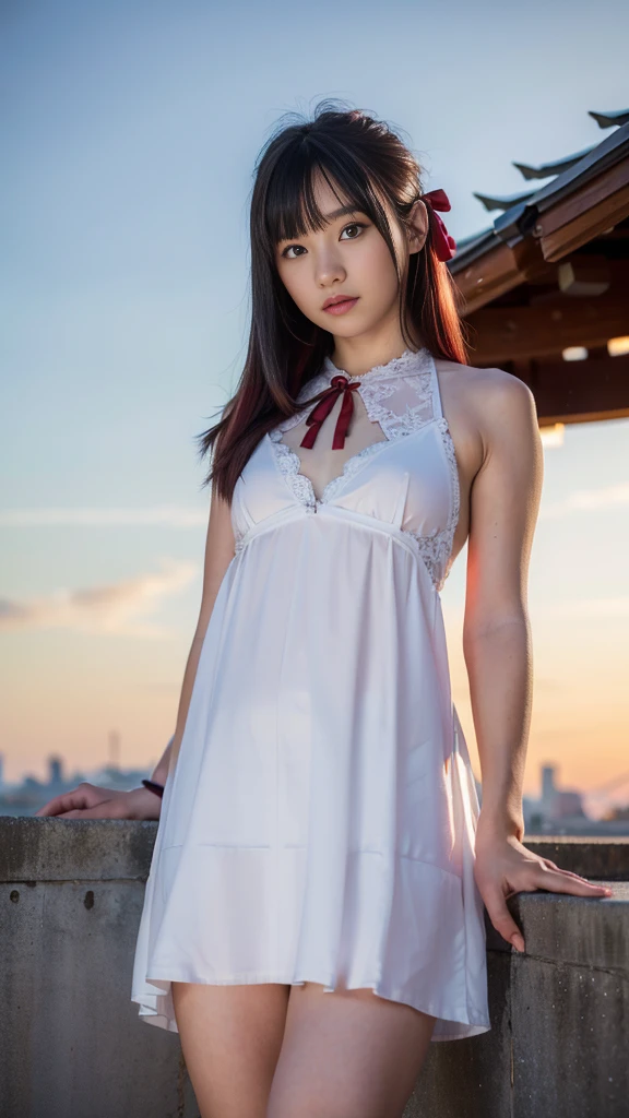 high-definition image, (((round face))), eyes realistic sizing, realistic skin, drooping eyes, smiling, ((various patterned feminine casual long dress)), touching crotch, (highly detailed realistic texture ), (strong sunlight, old fashion), skyscrapers, bag, hair up,