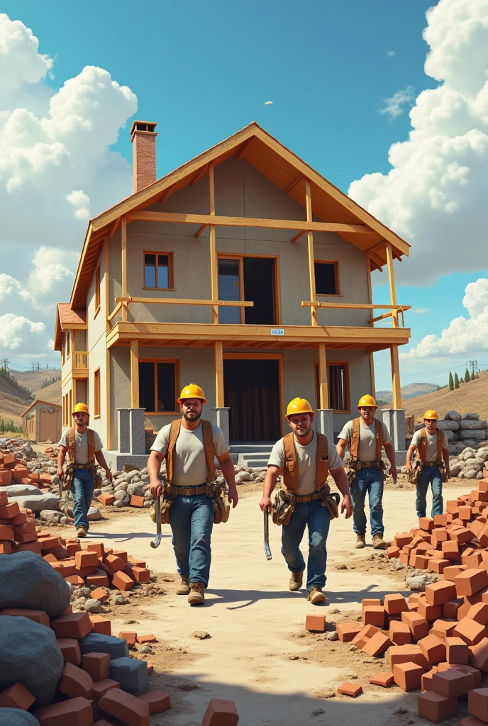 make an illustration of construction workers building a house