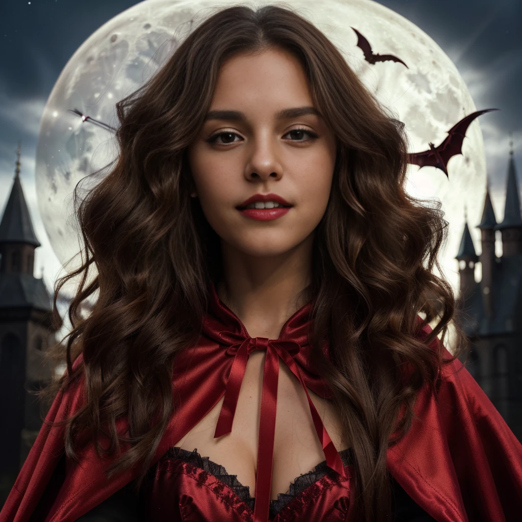 a gorgeous 10 year-old girl, long straight brown hair, red satin cape, vampire fangs, full moon in background, extremely detailed, 4k, perfect face