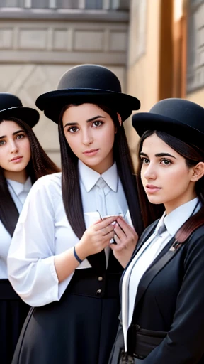 A group of young haredi Jewish women focus on the face