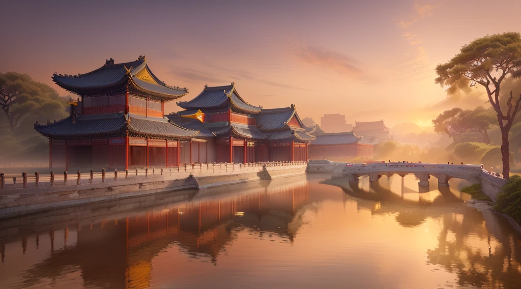 arafed building with a bridge and a bridge over a body of water, ancient chinese architecture, chinese architecture, beautiful render of tang dynasty, tang dynasty palace, chinese palace, chinese building, golden hour in beijing, dreamy chinese town, song dynasty, inspired by Zhang Sengyao, beijing, chinese heritage, inspired by Yang Buzhi, inspired by Zhang Zeduan