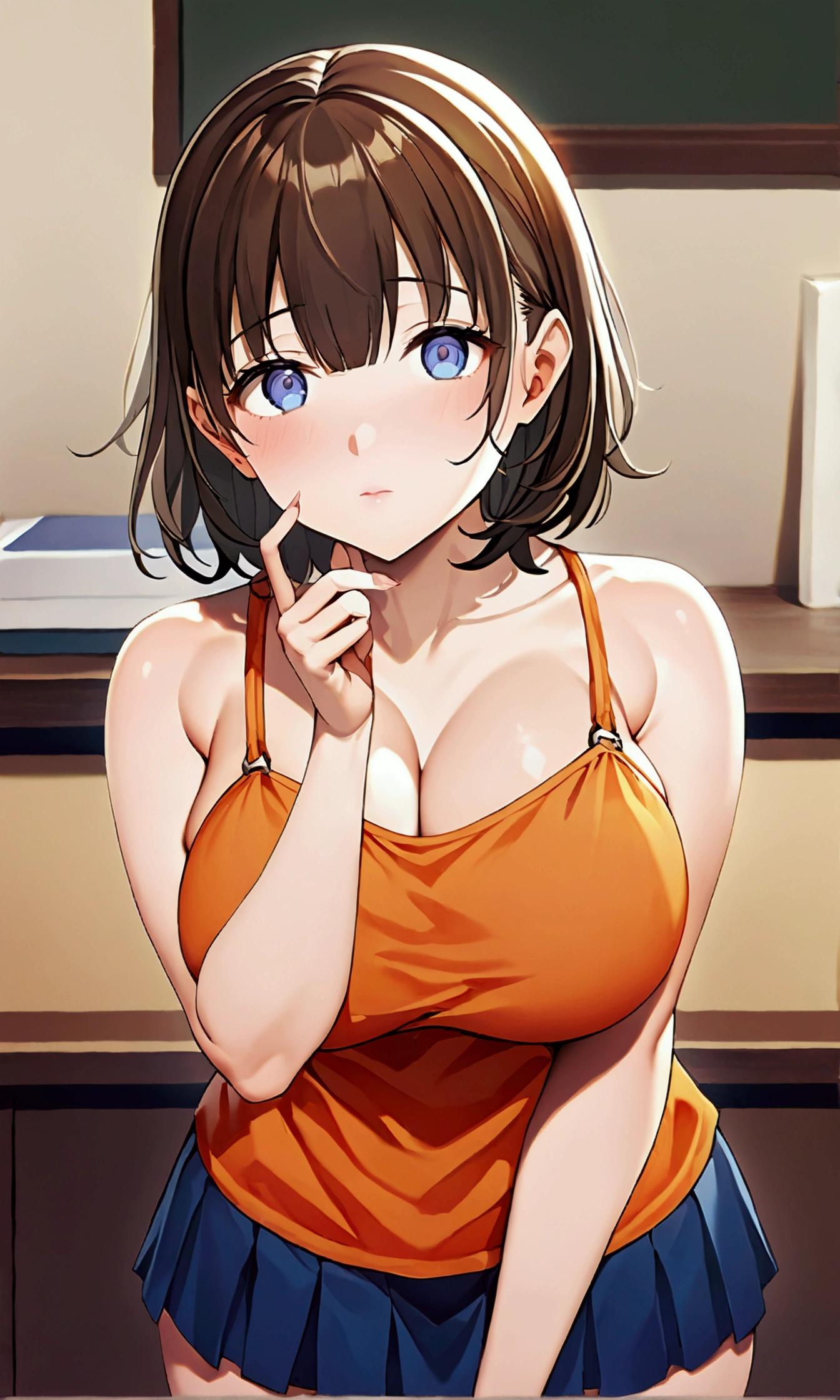 Big Breasts,Blue miniskirt,No bra,Orange camisole,whole body,standing,sauce_アニメ,short hair,Brown Hair,Blue Eyes,One girl,University,inely detailed beautiful face,high quality,アニメ,beautiful,High resolution,アニメカラー,{{{{8k_wallpaper}}}},{{{masterpiece}}},{{{{Very fine grain}}}},{{{{Highly detailed body}}}},{{{{Highly detailed fingers}}}}
