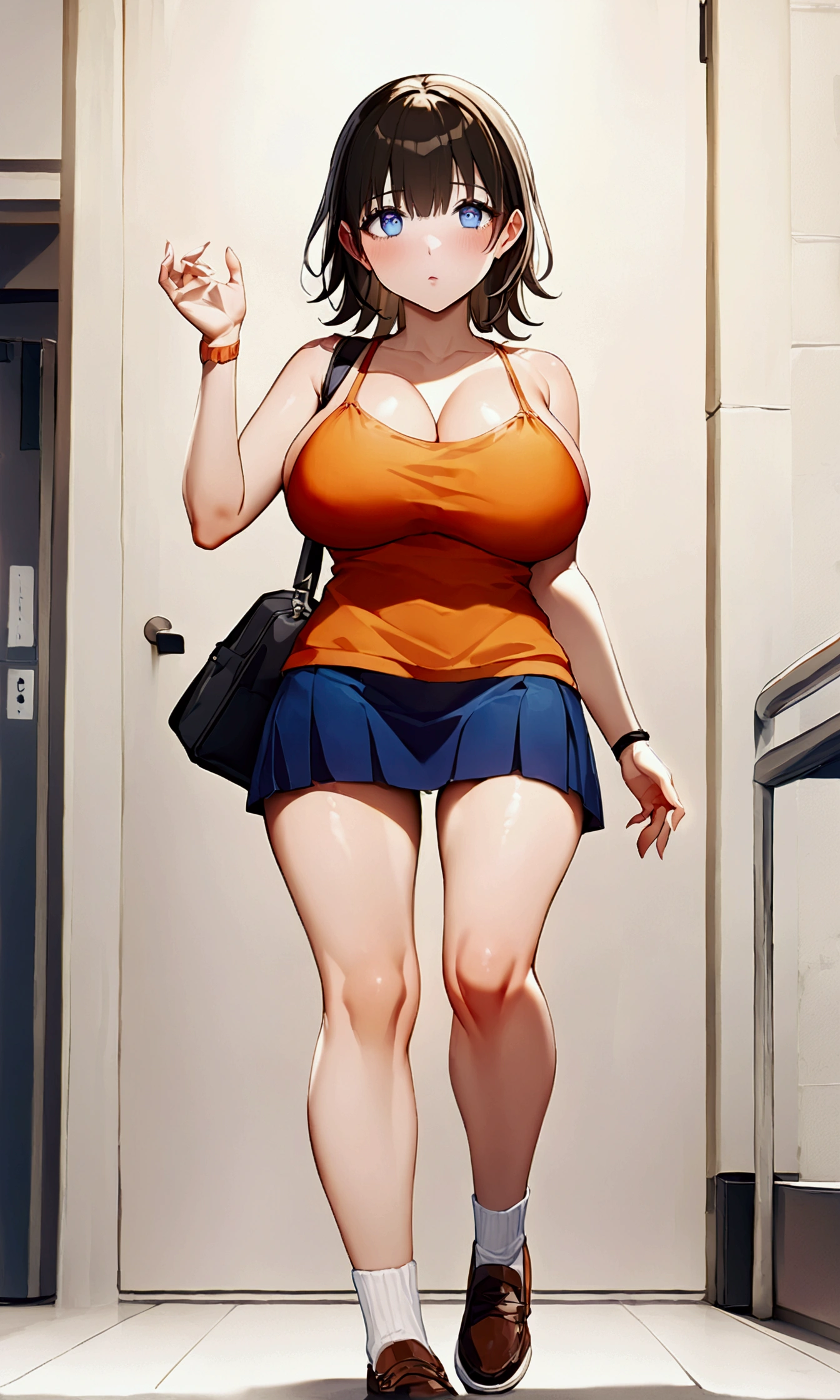 Big Breasts,Blue miniskirt,No bra,Orange camisole,whole body,standing,sauce_アニメ,short hair,Brown Hair,Blue Eyes,One girl,University,inely detailed beautiful face,high quality,アニメ,beautiful,High resolution,アニメカラー,{{{{8k_wallpaper}}}},{{{masterpiece}}},{{{{Very fine grain}}}},{{{{Highly detailed body}}}},{{{{Highly detailed fingers}}}}
