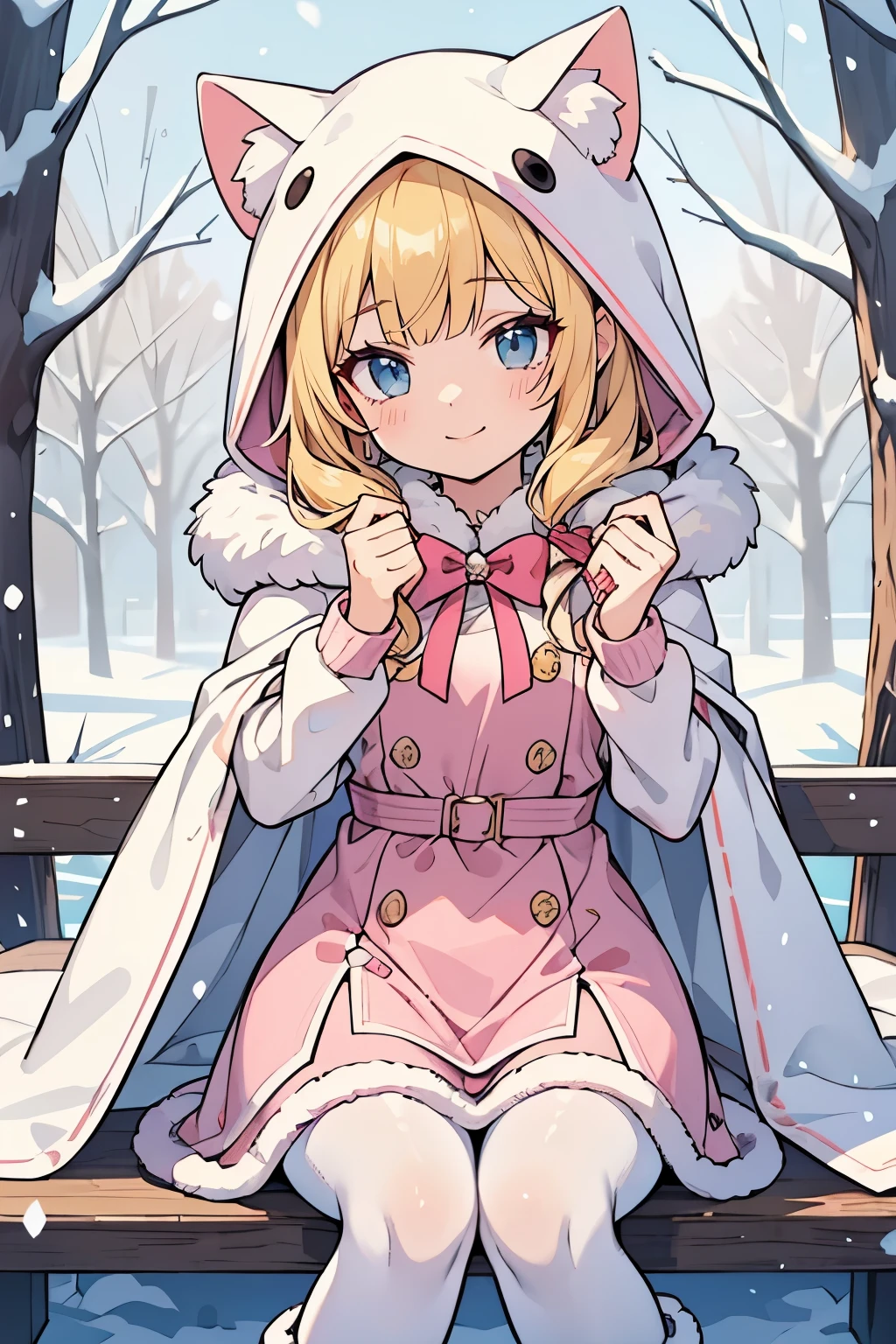 Safe for work, masterpiece, best quality, solo, 1 girl, cute girl, wholesome girl, (young female body:1.4), ( medium small breasts), cowboy shot, shy smile, flustered, yellow hair, thick wavy hair, hime cut, very blunt bangs, light blue eyes, detailed eyes, outside, snowy woods, sitting on a white bench, pink dress, pink winter dress, dress withfur, white cotton pantyhose, pink winter fur dress, long sleeve, hot pink dress, snowflake print on dress, thick pink winter dress, white fur trimmings, white fur, warm, bright pink dress, white cloak, fluffy cape, cape over shoulder, white cape, bows, cape hood over head, hood with cat ears, pink snowflake details on dress, pink boots, knee high boots