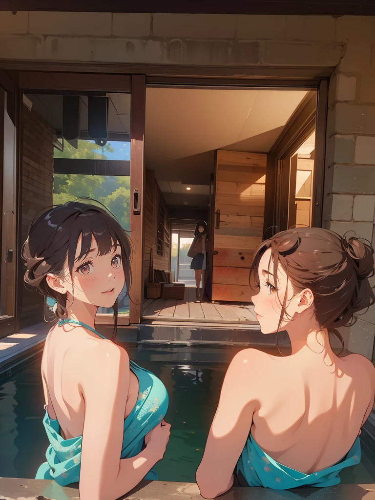 (masterpiece:1.2), (highest quality:1.2),, Curvy but slender body, Perfect Eyes, Perfect Face, Perfect lighting, 2 girls ，At the hot spring，（Standing position），（whole bodyのショット），（Cute Smile），（Top view）, Detailed Background, , eye shadow, Thick eyelashes, Fantasy, Watching the audience, whole body、Bright and beautiful face、Young shiny glossy white glossy skin、The ultimate beauty、The most beautiful light brown hair in the world、Thin Hair、short hair、Shiny beautiful bangs、Big, bright blue eyes、Very beautiful and lovely 18 year old, The most beautiful girl in the world、Large Breasts，ponytail，（Zoom to butt），Erect nipples，Amount of pubic hair:50.0，Completely naked,（Stick your butt out），