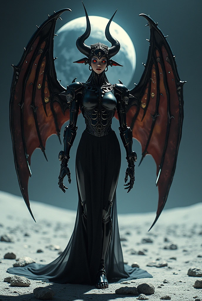 Mechanical demon woman、Standing on the moon、Detailed robot arm、Detailed robot legs、Detailed mechanical body、detailed gear、Fangs like wolves、Bull-like horns、Large bat-like wings、Devil's Tail、Beautiful glowing red eyes、black sheer dress、Beautifully detailed face、Ideal body type、Big Breasts、Narrow waist、Earth in the background、Cowboy Shot、