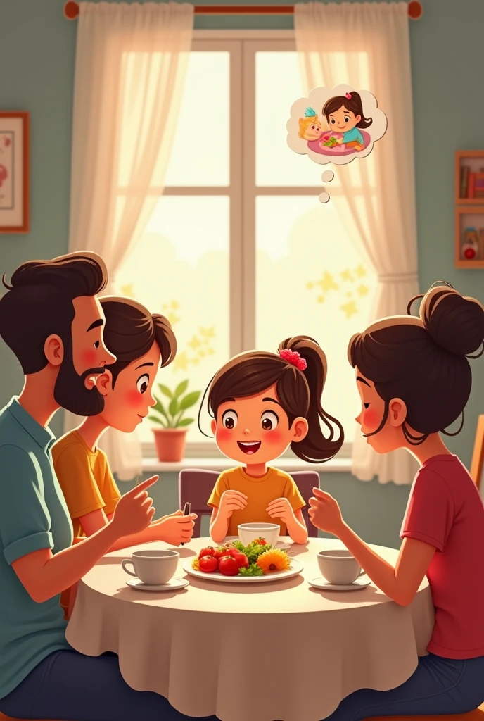 Family Dinner**
- **Visual Description**: A warm family scene at a dining table. Sara sits with her parents, smiling as they eat a home-cooked meal together. The atmosphere is cozy and inviting. Put a bubble where Sara imagining of sleeping now the bubble should have image of bed in room
. Use same character as last use cartoon cartoon character as sara