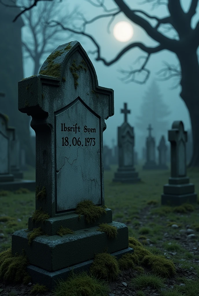A gravestone in an old cemetery. As ibschrift sven born 18.06.1973 the deceased is said to have weathered. The scene should be at night and reminiscent of a horror film