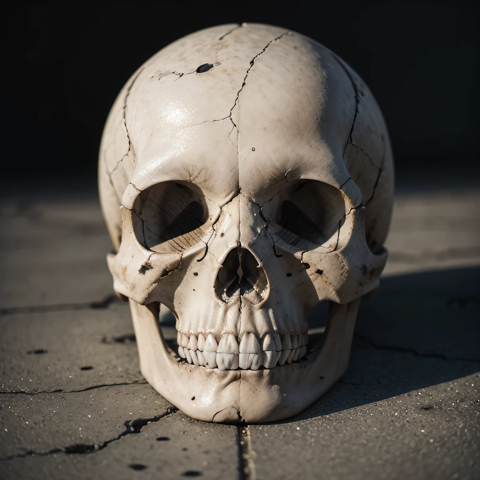 A human skull with cracks and imperfections, centered on a concrete surface, realistic texture, subtle lighting