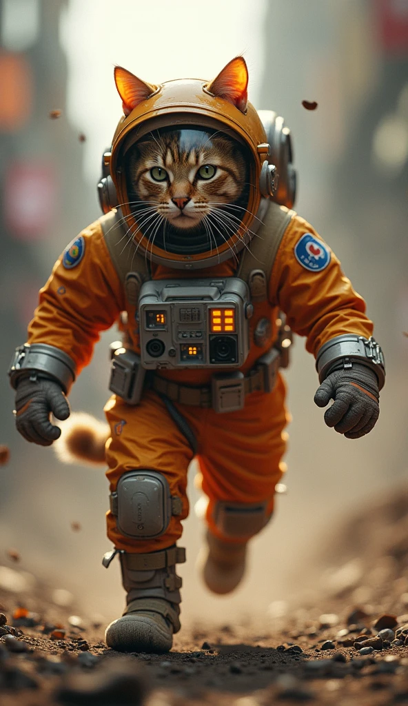Photographic ultra-realistic (((Quadrupedal))) Cat in a spacesuit (((Crouching Style))) ((Punch to the ground)) Armageddon