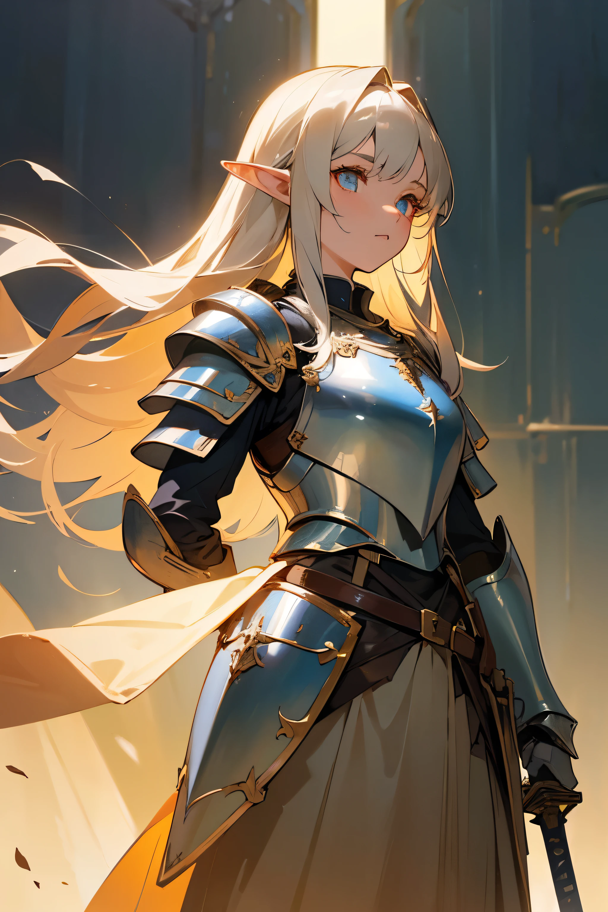 ((best quality)), ((masterpiece)), (detailed),((A girl around 24 years old)),illustration,half-elf,((Golden Eyes)),Light blue long hair,Short ears,Perfect face,Black Armor,Breastplate,Holding a Western-style long sword,Western fantasy style