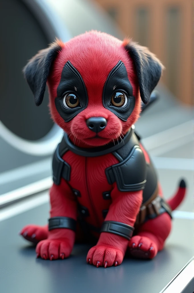 Puppy Deadpool sitting on a plane surface