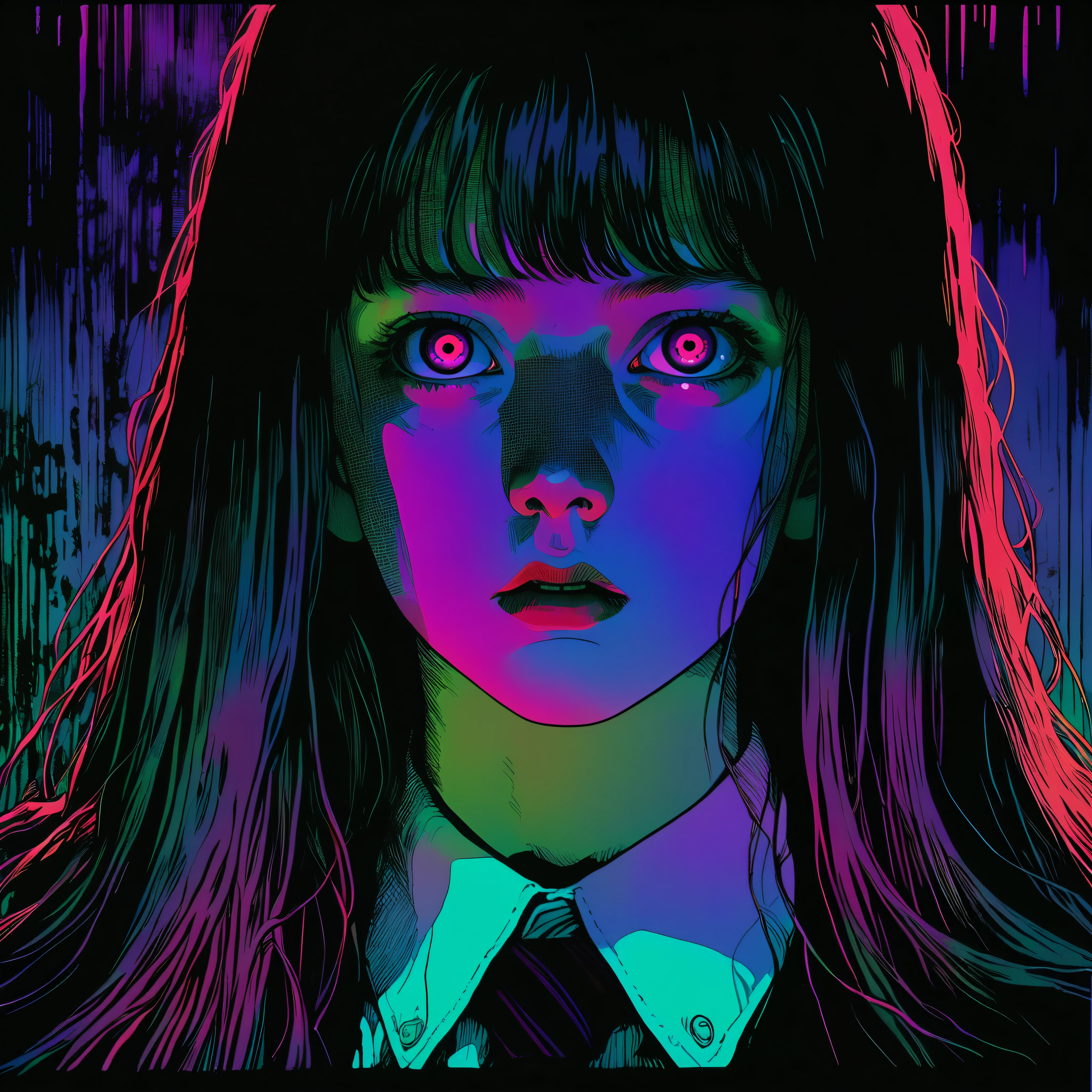 1man, illust、art、from 80s horror movie, directed by Junji Ito、exorcist、high detail, realsitic shadow、Analog style, vhs style, 8mm film, chromatic aberration, Dvd screengrab、Complementary color gradient