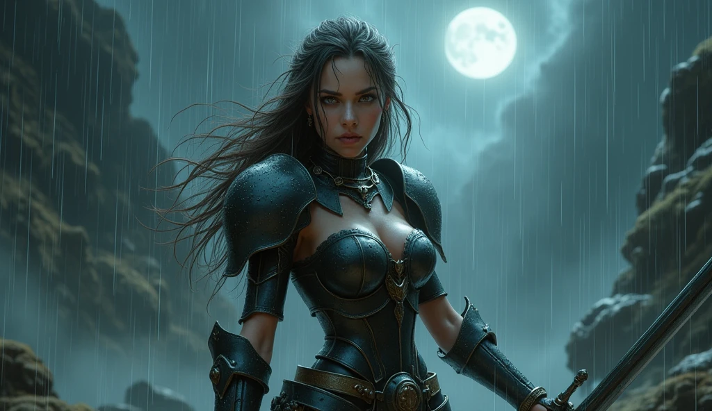 beautiful girl, beautiful breasts, warhammer 40000, sword, beautiful hips, moonlight, thunderstorm, rain, wind,