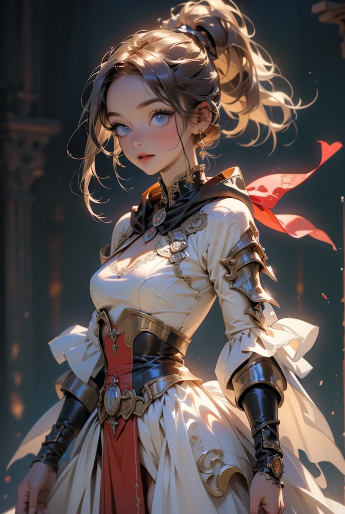 (((masterpiece, of the highest quality, super detailed))), (a witch belonging to an occult order of knights), (a knight crossed with a witch), Victorian era inspired, ((minimal but intricate beautiful armour)), (Fluttering lace flared dress with frilly petticoats), ((Bloodbourne inspired)), (big forhead:1.2), (((dark hair, ponytail, thick ponytail, heavy ponytail))), (((Very sharp focused eyes))), (small breasts), very long eyelashes, occult aesthetic, (red and white clothing detailed and intricate steampunk and detailed gothic), (with a hood), complex lace boots,