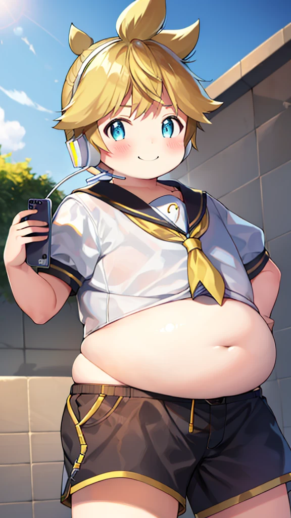 10 year old boy, Kagamine Len, (chubby), (plump), severely overweight, ((over small sailor uniform)), short sleeves, chubby body, whole belly spilling over the waistband, unbuttoned shorts, earphones, tie, shily smiling, full blushed, fume, disappointed