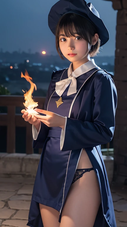 shoot from front,1young girl,15yr,look at a viewer,shorthair with bangs,wizard costume with hat,lift hem and see panties,light a flame on palm,background is castle,at nighttime