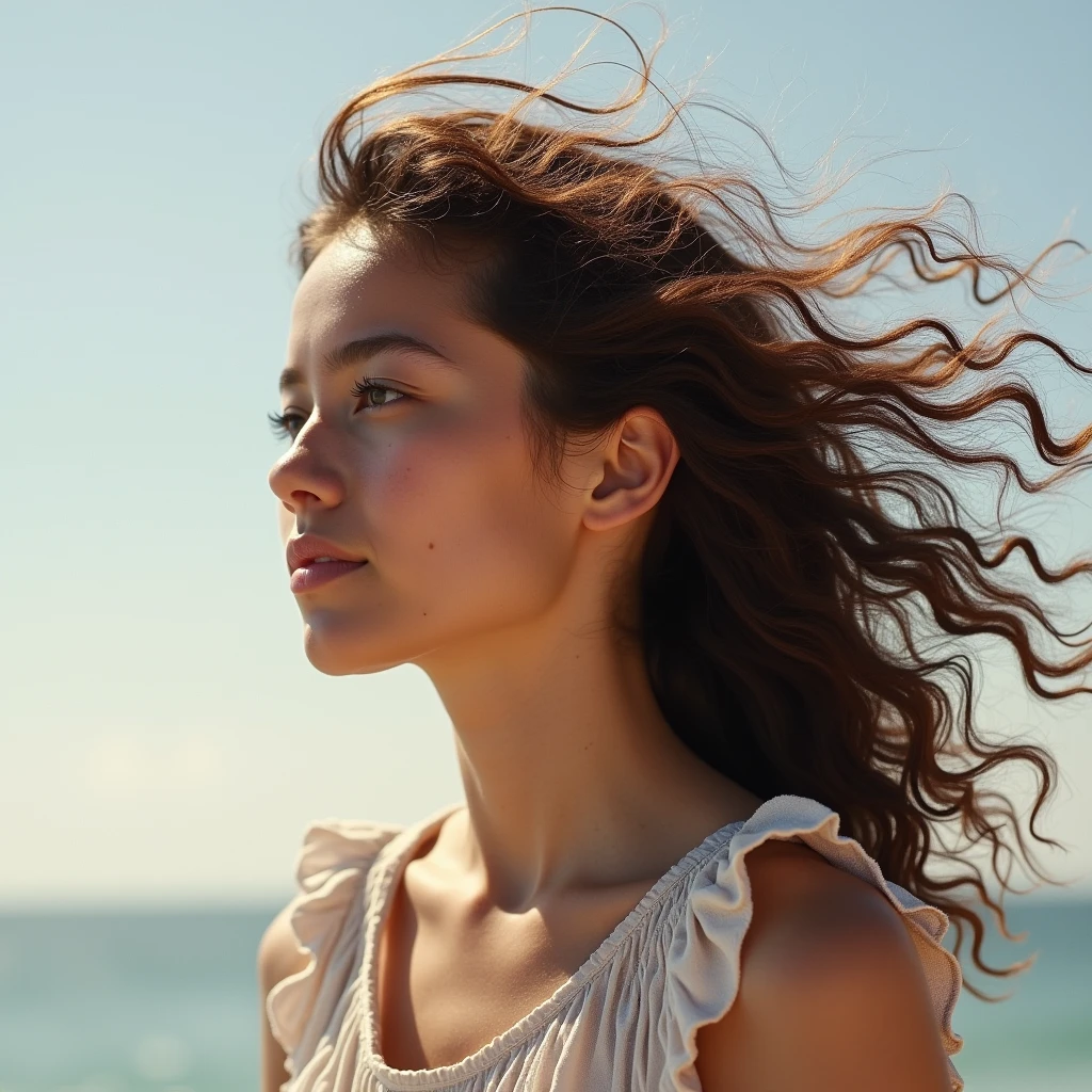 The girl's hair is completely loose, curls fluttering in the wind
