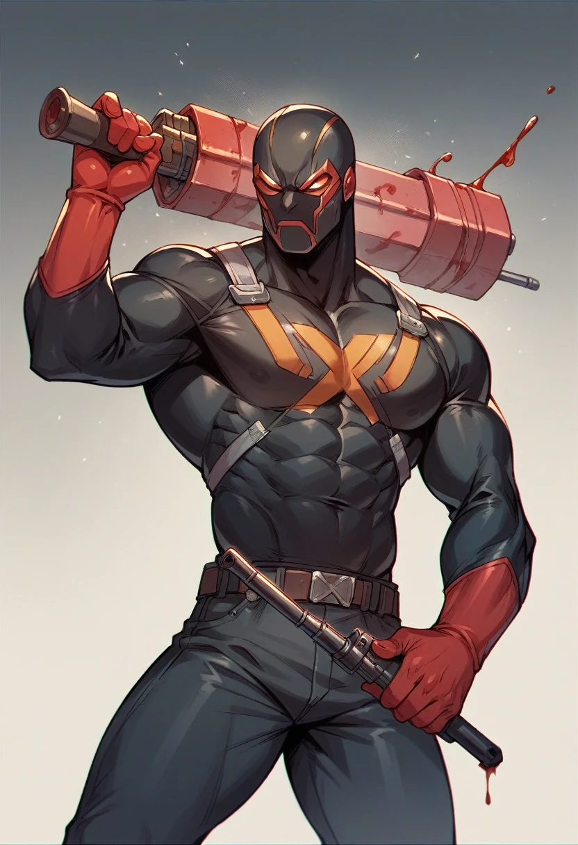 A human indigenous, with a crossbow in his hand and bathed in blood for having killed a supervillain