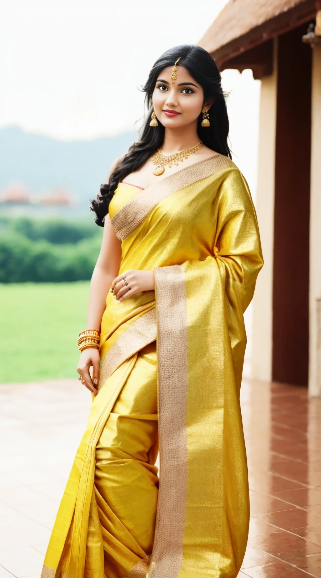wear designer printed Saree and strapless bra, a bindi on the center of the forehead, full body covered in clothes, Indian temples in background, flower basket, very well dressed, going to temple for prayers, golden heavy jewellery, very beautiful 25 year old indian girl, full body photo, mehendi in hands, random hair style, holding Puja plate with Puja items for lord Shiva, lord Shiva temple in background, jewelry, gem, necklace, necklace set, tika, vermilion, nathiya, ear rings, mangalsutra, golden haar, gold bracelet, anklets, thick lips, holding flower basket for Puja in hand, skindentation, parted lips, full body photo from front, beautiful face, beautiful body, (detailed eyes), ulzzang-6500-v1.1, thick eyelashes, long eyelashes, random hair style, broad light, backlighting, bloom, light sparkles, chromatic aberration, sharp focus, Nikon Z 85mm, unparalleled masterpiece, ultra-realistic 8k photos, best quality masterpiece, best quality,