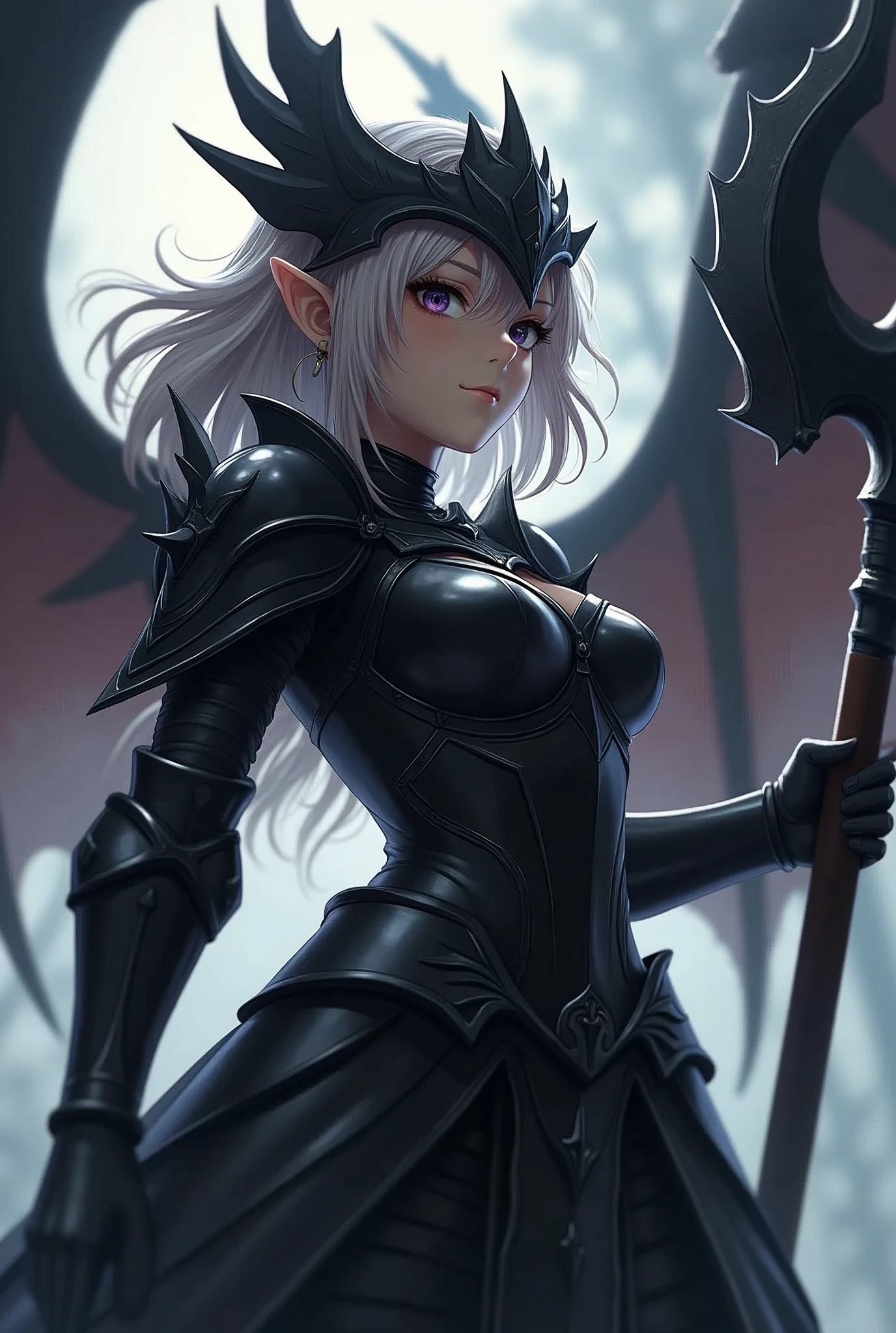 Anime Girl,Pitch-black armor,dragon shaped helmet,Holding a huge mace in both hands,whole body,From below,from the side,Looking at the audience,Motion Blur,Background blur,