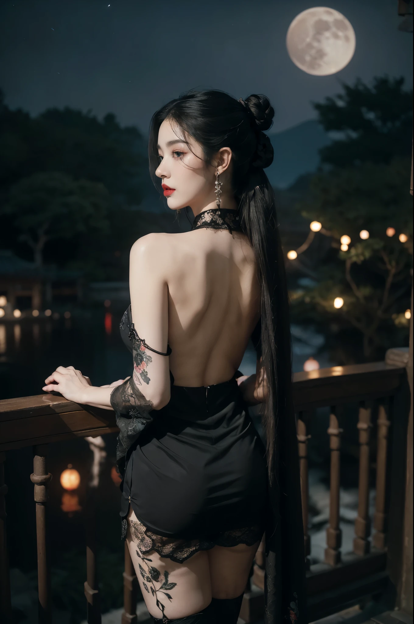 (((best quality))),(((ultra detailed))),(((masterpiece))),illustration,((1 beautiful girl,solo)),(bun hair:1.2),(Ghostly makeup:1.3),(fair skin:1.5),(red lips:1.2),(earrings:1.2),((slim,thin)),((bare back,towering hips,butt crack)),(black floral embroidered lace bellyband:1.5),(thigh loop:1.3),(stockings:1.3),(standing:1.3),(A huge moon in the sky:1.3),(moonlit Chinese garden courtyard:1.3),(Ghost Festival:1.3),(Ghostly flames are drifting in the air:1.3),elegant and sophisticated,intricate patterns,curves,dark color,striking visual appeal,ethereal,enchanting,ghostly black blossoms,swaying branches,stone pathways,moss,eerie shadows,ancient pavilion,intricate wooden structure,mystery and intrigue,cicadas chirping,auditory symphony,embodiment of the festival's spirit,bathed in the moon's glow,delicate features,raven-black hair,waterfall of darkness,moon's luminance,captivating allure,sleek fabric,clung to frame,accentuating curves,highlighting beauty,striking appearance,ethereal beauty,hauntingly beautiful scene,captured essence,blend of beauty and mystery,(night scene:1.3),((from back,upper body))