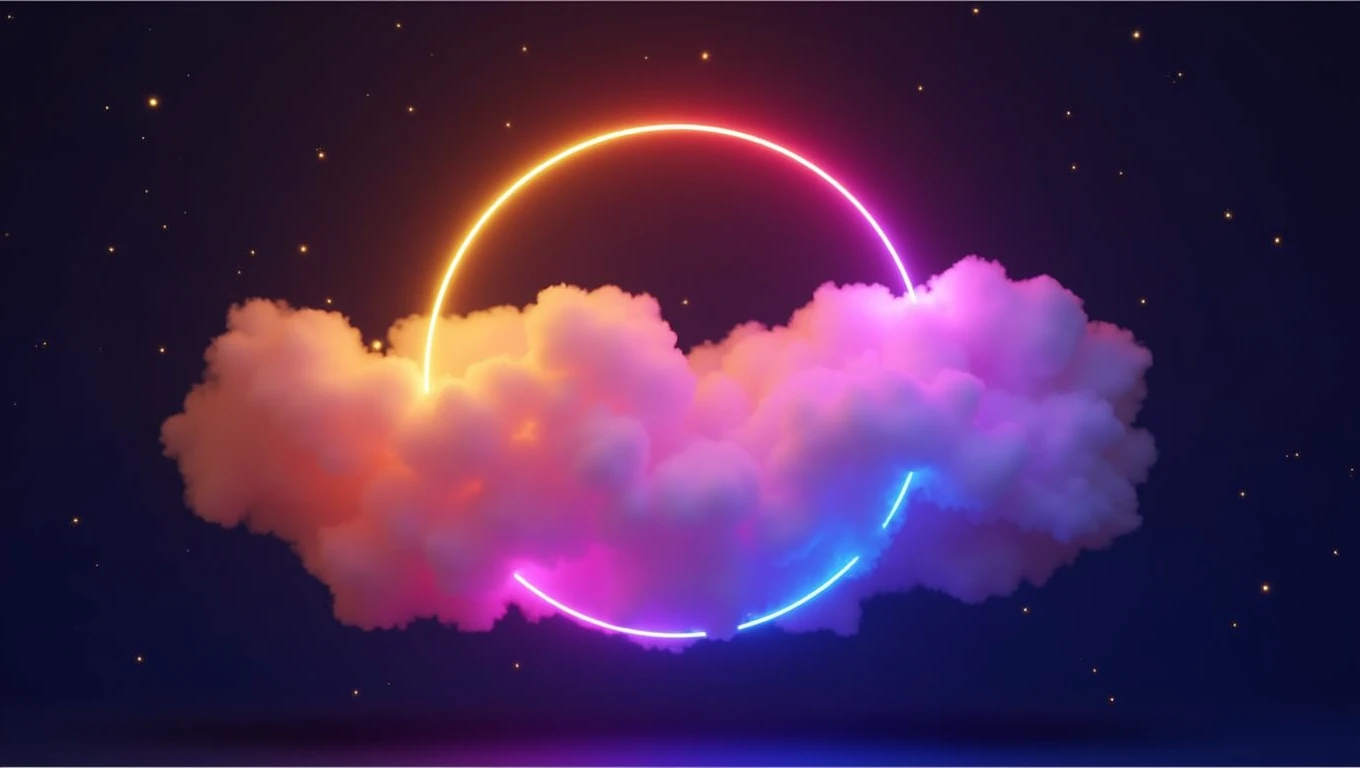 3d render, abstract cloud illuminated with neon light ring on dark night sky. Glowing geometric shape, round frame