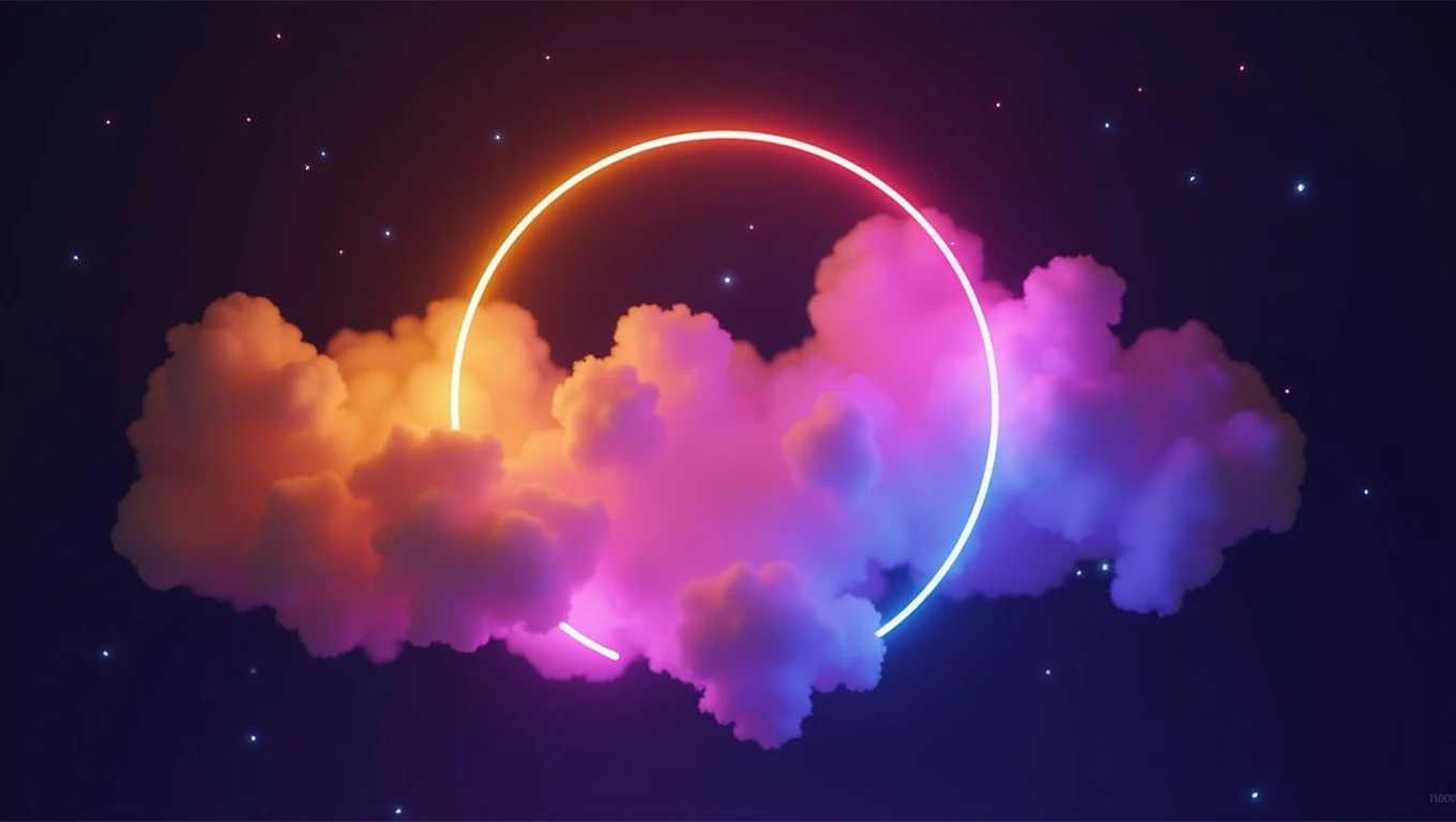 3d render, abstract cloud illuminated with neon light ring on dark night sky. Glowing geometric shape, round frame