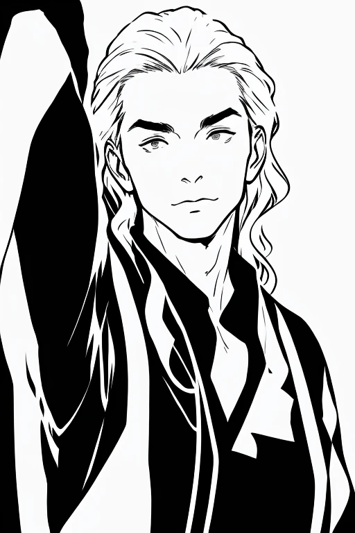 Monochrome、Only black and white、White Background、Black jumpsuit、White skin、Grey-haired man、Looking into the camera、