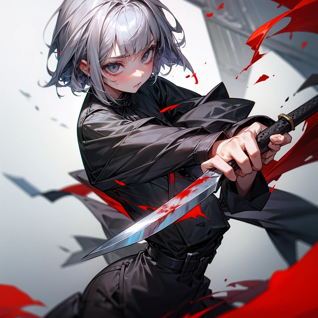 A girl with short gray hair holding a knife like finger is bleeding 