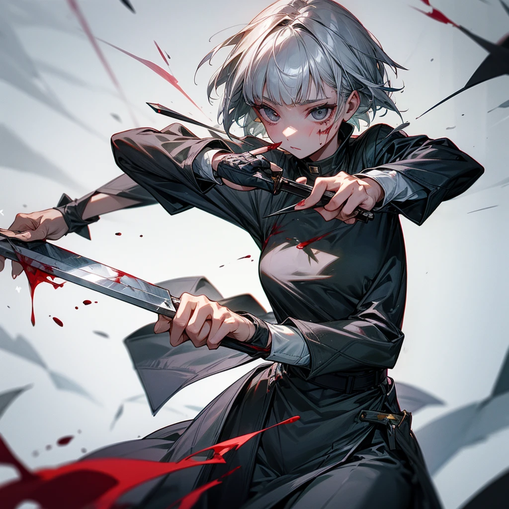 A girl with short gray hair holding a knife like finger is bleeding