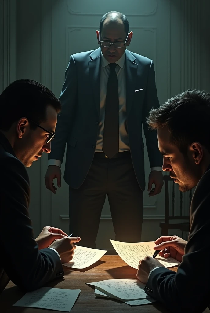 Show frightened members secretly passing notes to the delegation, begging for help to escape. Jim Jones watches ominously in the background, his figure dark and imposing.