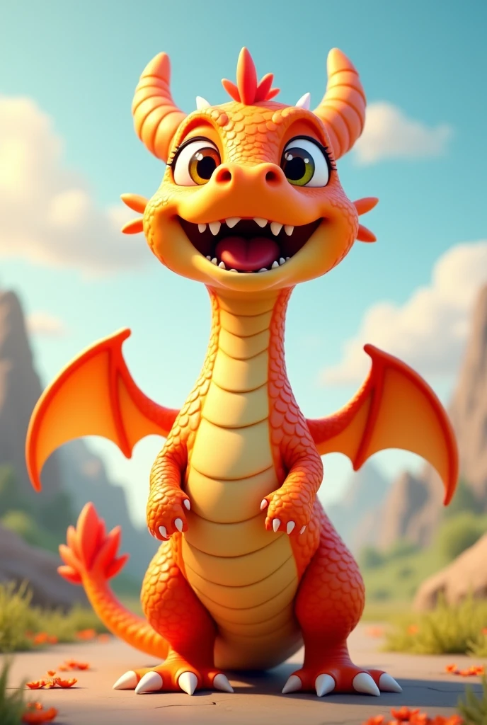 Dragon, smiling, enthusiastic, fair skin, 3D, cartoon, cute, solo, full body, standing,UhD, 8K, HDR, 3D rendering, Anime, digital painting, Front view, Pixar, HD, full body character design.  + details + Cinematic + Color Grading + detailed + beautifully color - coded + insane details + intricate details + beautifully color graded + Unreal Engine, Cinematic