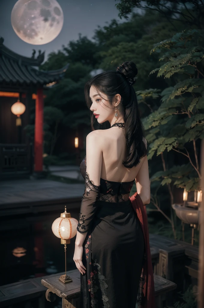 (((best quality))),(((ultra detailed))),(((masterpiece))),illustration,((1 beautiful girl,solo)),(bun hair:1.2),(Ghostly makeup:1.3),(fair skin:1.5),(red lips:1.2),(earrings:1.2),((slim,thin)),((bare back,towering hips,butt crack)),(black floral embroidered lace bellyband:1.5),(thigh loop:1.3),(stockings:1.3),(standing:1.3),(A huge moon in the sky:1.3),(moonlit Chinese garden courtyard:1.3),(Ghost Festival:1.3),(Ghostly flames are drifting in the air:1.3),elegant and sophisticated,intricate patterns,curves,dark color,striking visual appeal,ethereal,enchanting,ghostly black blossoms,swaying branches,stone pathways,moss,eerie shadows,ancient pavilion,intricate wooden structure,mystery and intrigue,cicadas chirping,auditory symphony,embodiment of the festival's spirit,bathed in the moon's glow,delicate features,raven-black hair,waterfall of darkness,moon's luminance,captivating allure,sleek fabric,clung to frame,accentuating curves,highlighting beauty,striking appearance,ethereal beauty,hauntingly beautiful scene,captured essence,blend of beauty and mystery,(night scene:1.3),((from back,upper body))