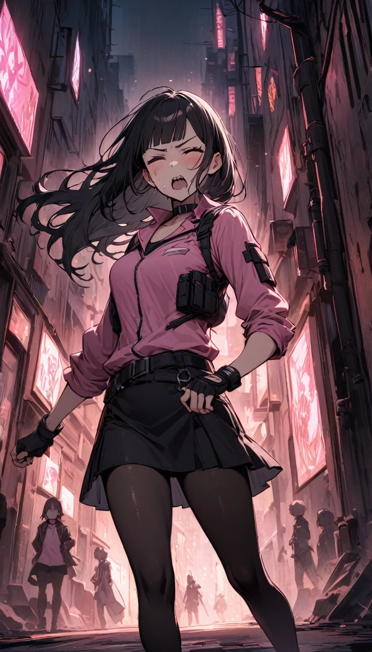 {{standing on one knee:1.6}},{{knee up:1.6}},{{Hold one hand on the side of the body:1.6}},Hold the arm with one hand,Dynamic composition,dutch angle,from below,from side,solo,170cm tall female, theatrical animation style,{{Black pantyhose:1.2}}, Power Rangers pre-transformation heroine,{{Futuristic zip-up police shirts with collar}}, Long-sleeved shirt with rolled-up arms,{{Pink-based shirt:1.6}},pink shirt,BLACK PENCIL SKIRT, BLACK SKIRT,,{{small face:1.8}},{{Grit your teeth:1.4}},{{fighting stance:1.6}}{{fight:1.6}}{{masterpiece}}, {{{Highest quality}}},{{Very detailed}},{{Pain ,Suffering}},one eye closed,{{critical situation:1.6}},{}},1girl,30years old,{Mature Woman}},{{}},{{Grit your teeth:1.4}},,{{v-shaped eyebrows}},Bad mood,blush,Sweat,raise one's eyebrows、black fingerless gloves,Bad mood,profound,Beautiful thighs,clavicle、chest holster,BLACK Long Hair,Blunt bangs,Alley,Black Choker,belt