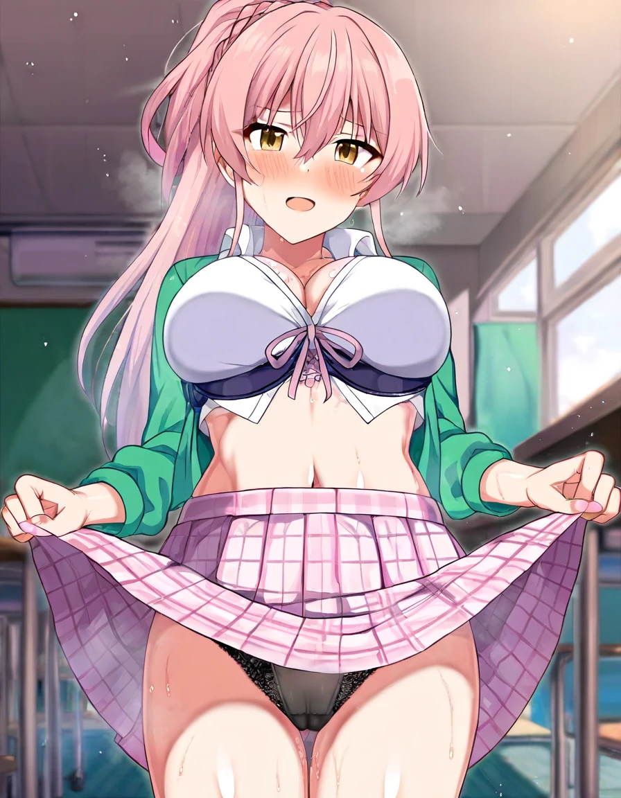 ((By horosuke)),
Jougasaki mika, idolmaster cinderella girls, gyaru, cowboy shot, straight-on, in classroom, skirt lift, blush, pink hair, ponytail, open shirt, ribbon, plaid_skirt, black , bra, official art, amazing quality, nsfw