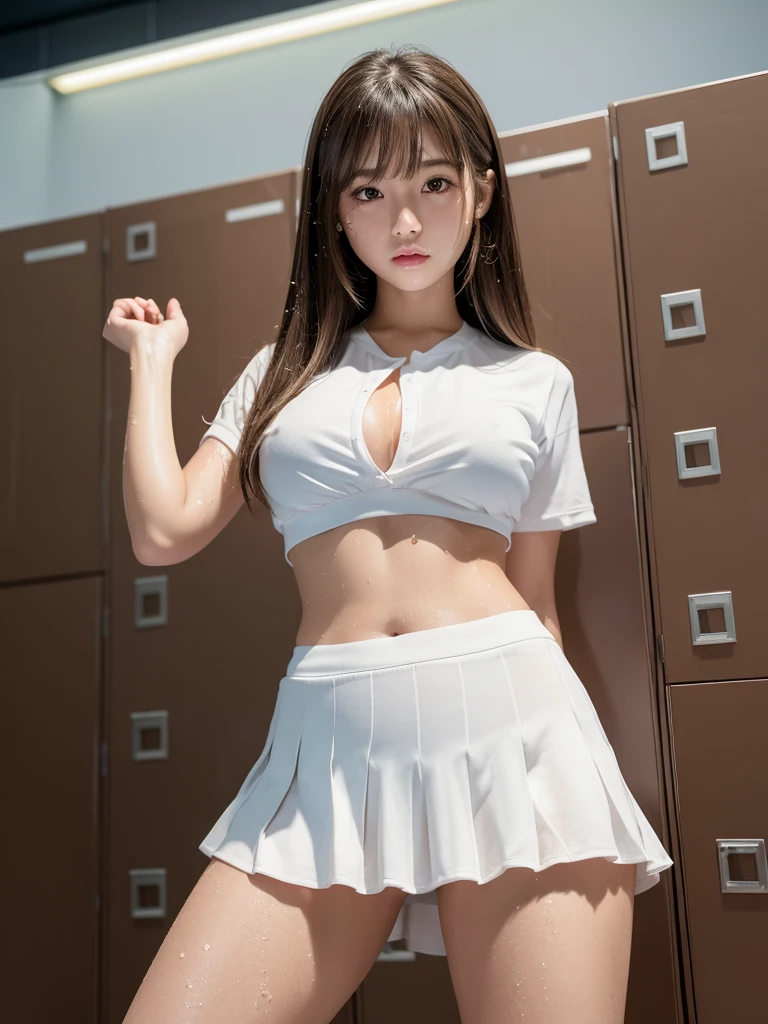 Product quality,1 girl,Cowboy Shot,Front view,Thigh Emphasis,(Knee-deep shots:1.3),Young and sexy Japanese girl,18-year-old,locker room,Wearing white tennis wear,(White ultra short micro pleated mini skirt),wear,No underwear,((Small Head,face:0.4))超かわいいface,赤ちゃんのface,Glossy Lips,Big eyes,Double eyelids on both eyes,(Natural Makeup),Brown eyes,Small and cute nose,shiny smooth light brown hair with long hair,,Asymmetrical bangs,Center image,8k resolution,Attention to detail,Detailed hairstyle,詳細なface,Cinema Lighting,Octane Rendering,Ultra-realistic,Perfect limbs,Voluptuous thighs,Huge breasts,(Expresses the roundness and softness of the chest area..........1),Soft Skin,(Glowing Skin, Sweaty: 1.5), Spread your legs,Provocative dynamic pose,Skirt flip,(no panties),nsfw,(spread pussy:1.4)