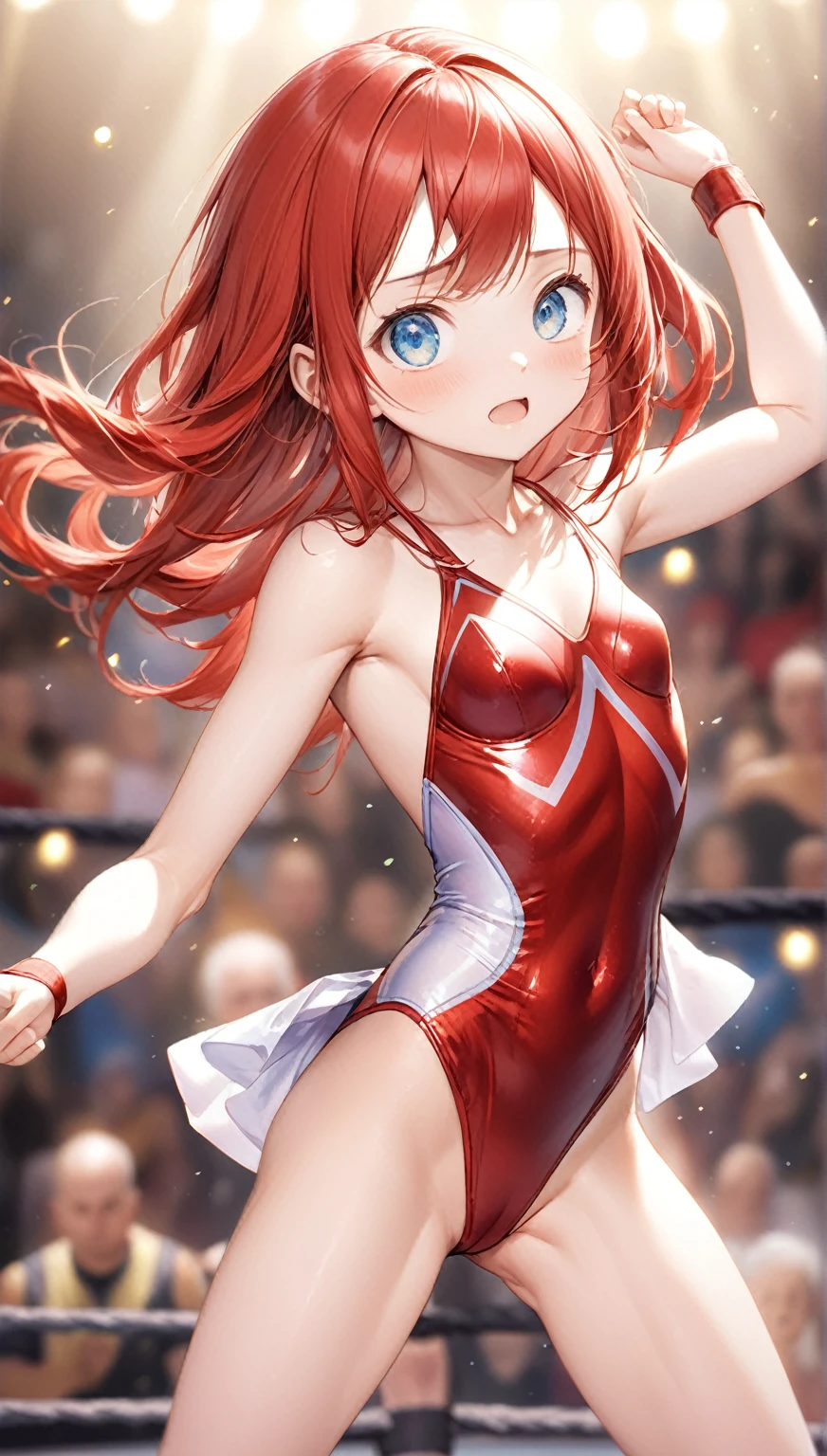 (Highest quality,8k,32K,masterpiece,Ultra-high resolution :1.2 ),born,One girl,Super cute,Natural light,Clear, shining eyes,20-year-old,Fair skin,Wrestling digital world fantasy background,Red Hair,Small breasts,wrestling,leotard,fight