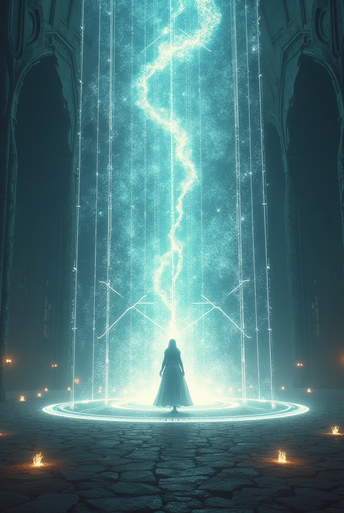 Create a light barrier around the user, this barrier is very big, It must emanate a mystical energy with a tone of sacred magic.. The barrier must be rectangular in shape., huge the user must be in the middle of the barrier