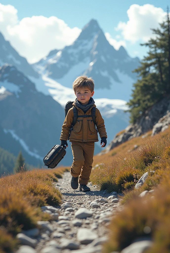  boy who is walking on mountains and a smart travel bag which follows him automatically without his help
