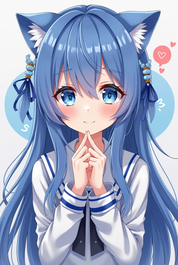 One girl, blue eyes, Long Hair, Blue Hair, bangs, Cat ear, hair ornaments, blush, Staring at the audience, Hair between the eyes,beautiful girl, Heart symbol on background,Slave Girl,smile,,Obedient Slave,The girl is hypnotized